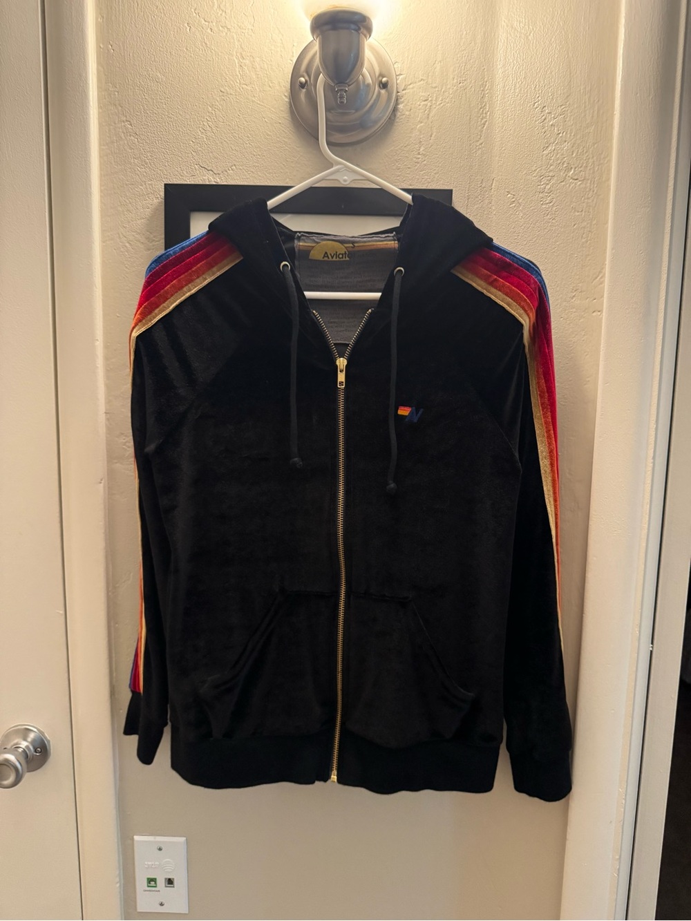 Aviator Nation Black Velour Hoodie with Gold Hardware and Rainbow Accent